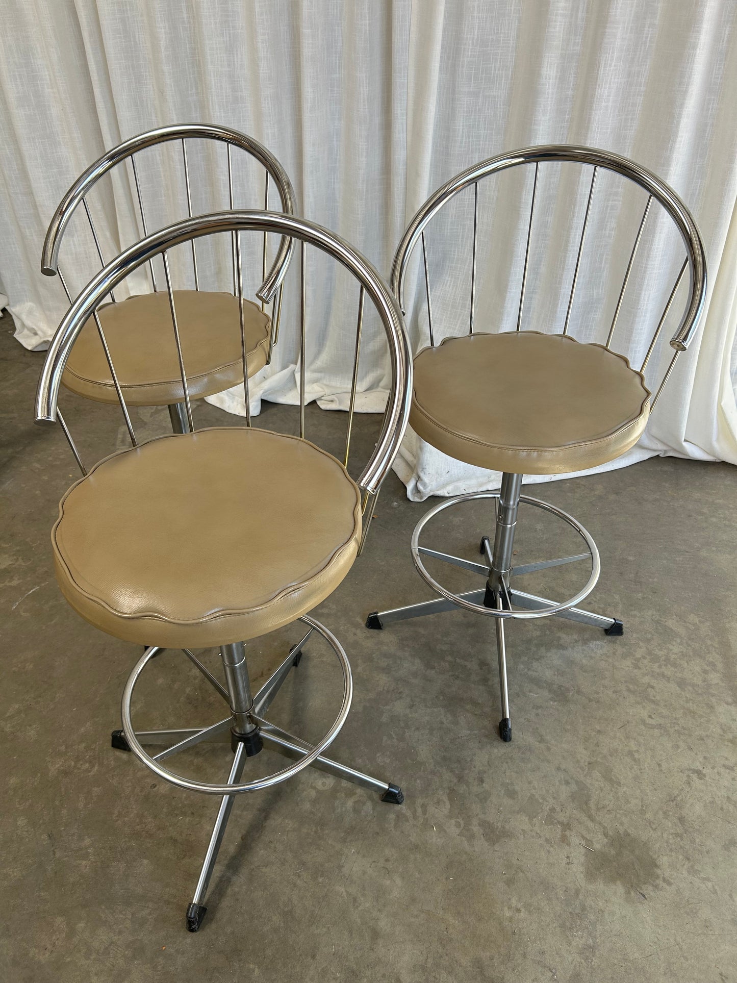 Set of 3- Chrome Modern Counter or Bar Stools Faux Leather by Cosco, Circa 1980s