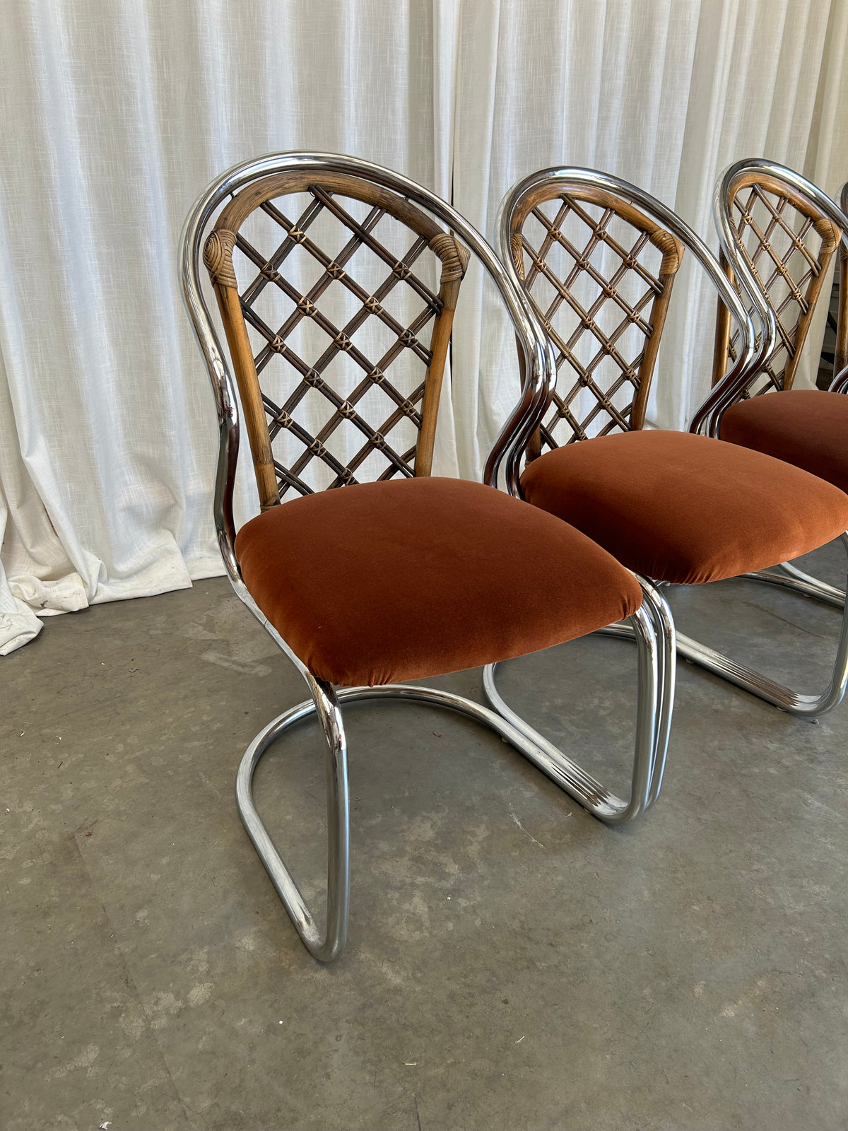 Tubular Chrome Rattan Velvet Cantilever Dining Chairs, Circa 1970s, Set of 4