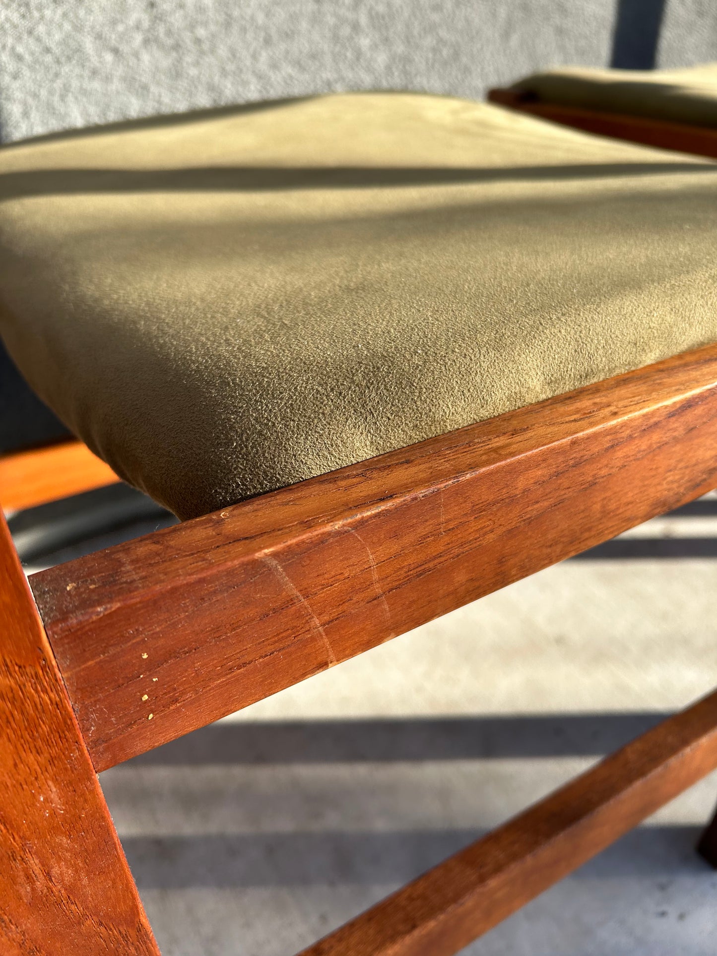 Danish Teak Green Faux Suede Dining Chairs, 7 Available