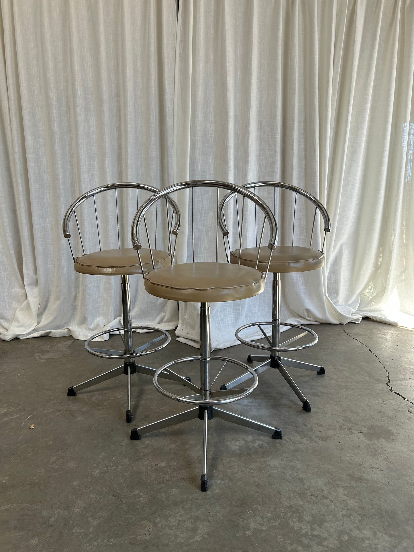Set of 3- Chrome Modern Counter or Bar Stools Faux Leather by Cosco, Circa 1980s