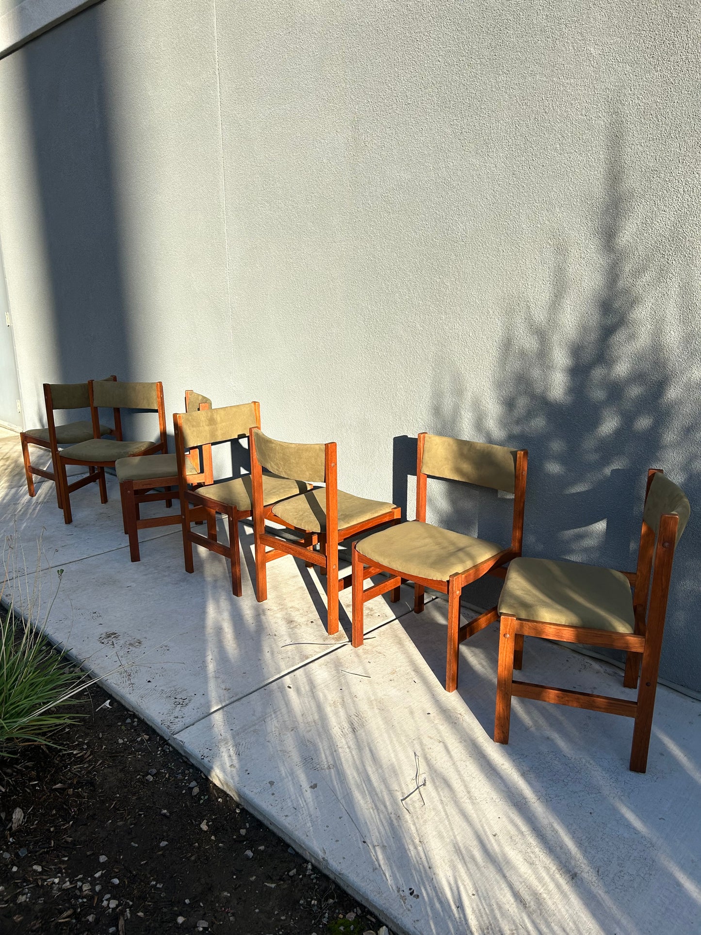 Danish Teak Green Faux Suede Dining Chairs, 7 Available