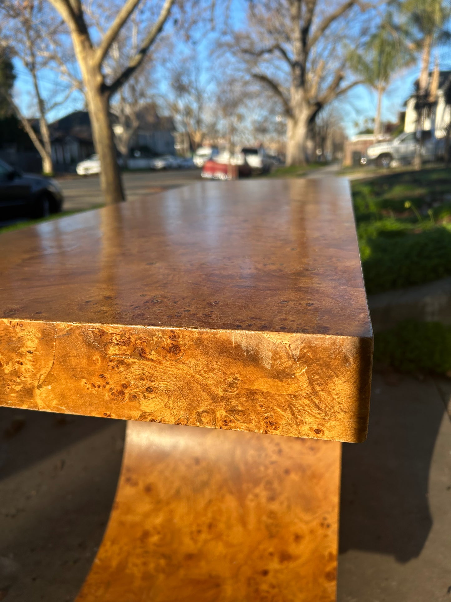 Vintage Art Deco Burl Wood Console Table