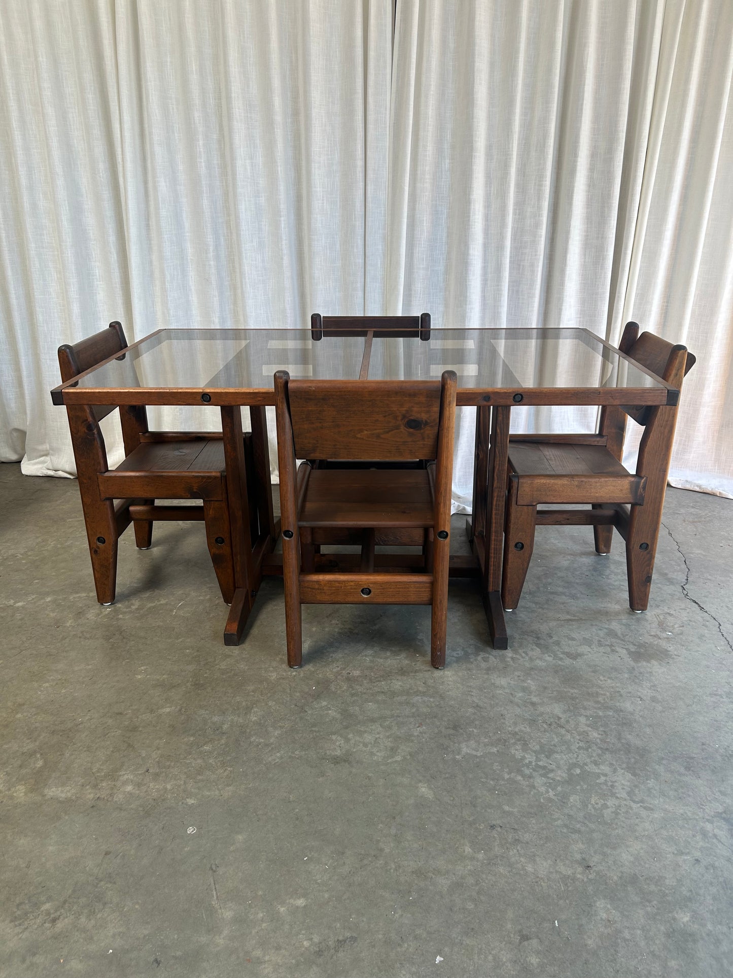 Vintage Oak and Bronze Glass Trestle Table and Chairs Dining Set, Circa 1970s