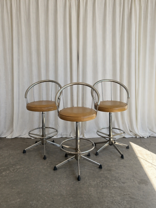 Set of 3- Chrome Modern Counter or Bar Stools Faux Leather by Cosco, Circa 1980s