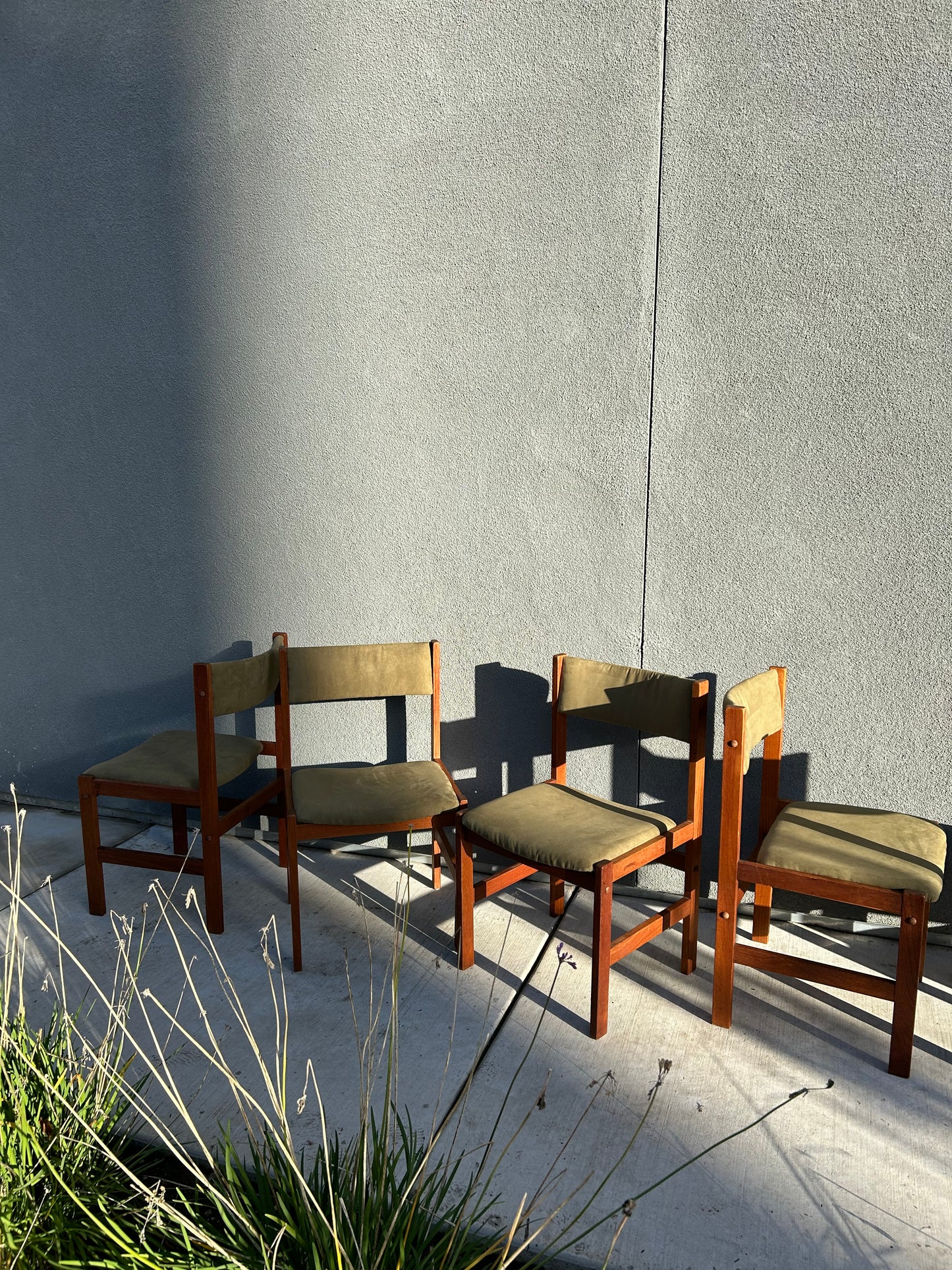 Danish Teak Green Faux Suede Dining Chairs, 7 Available