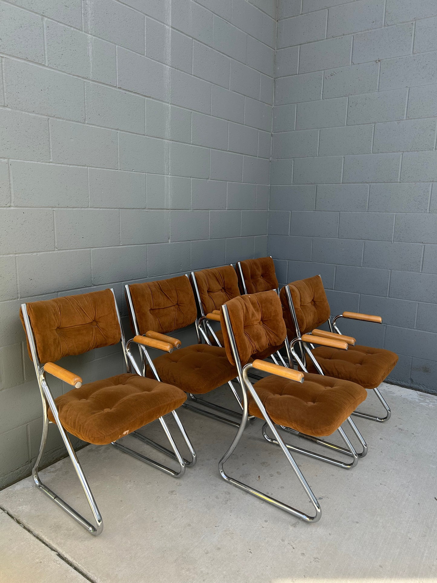 Daystrom Tubular Chrome Velvet Dining Armchairs