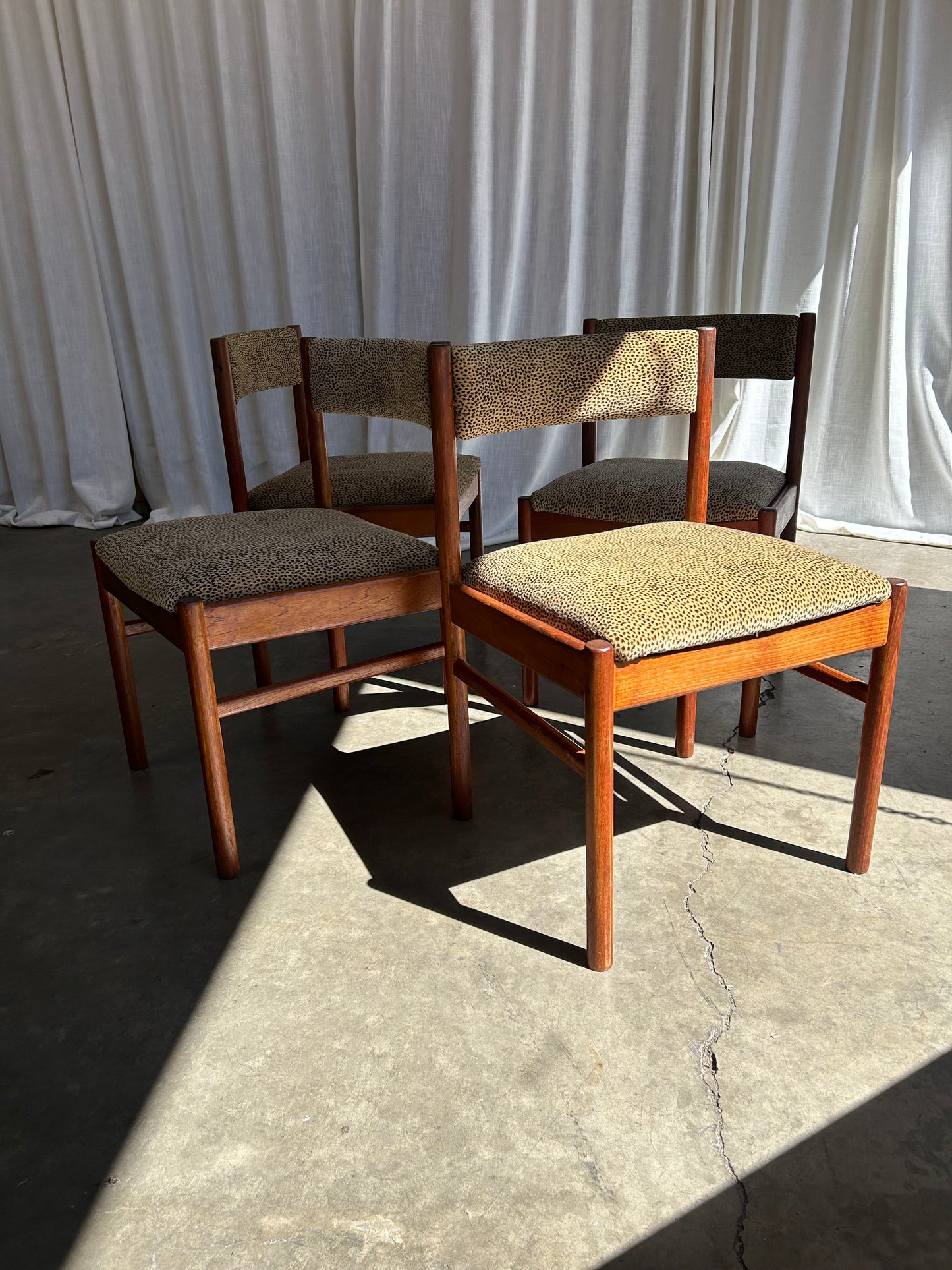 Vintage Danish Style Teak Dining Chairs with New Chenille Upholstery, Set of 4