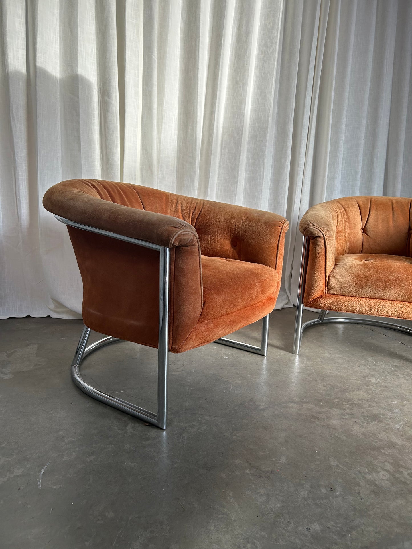 Pair of Suede and Chrome Tufted MCM Club Chairs, Circa 1970s