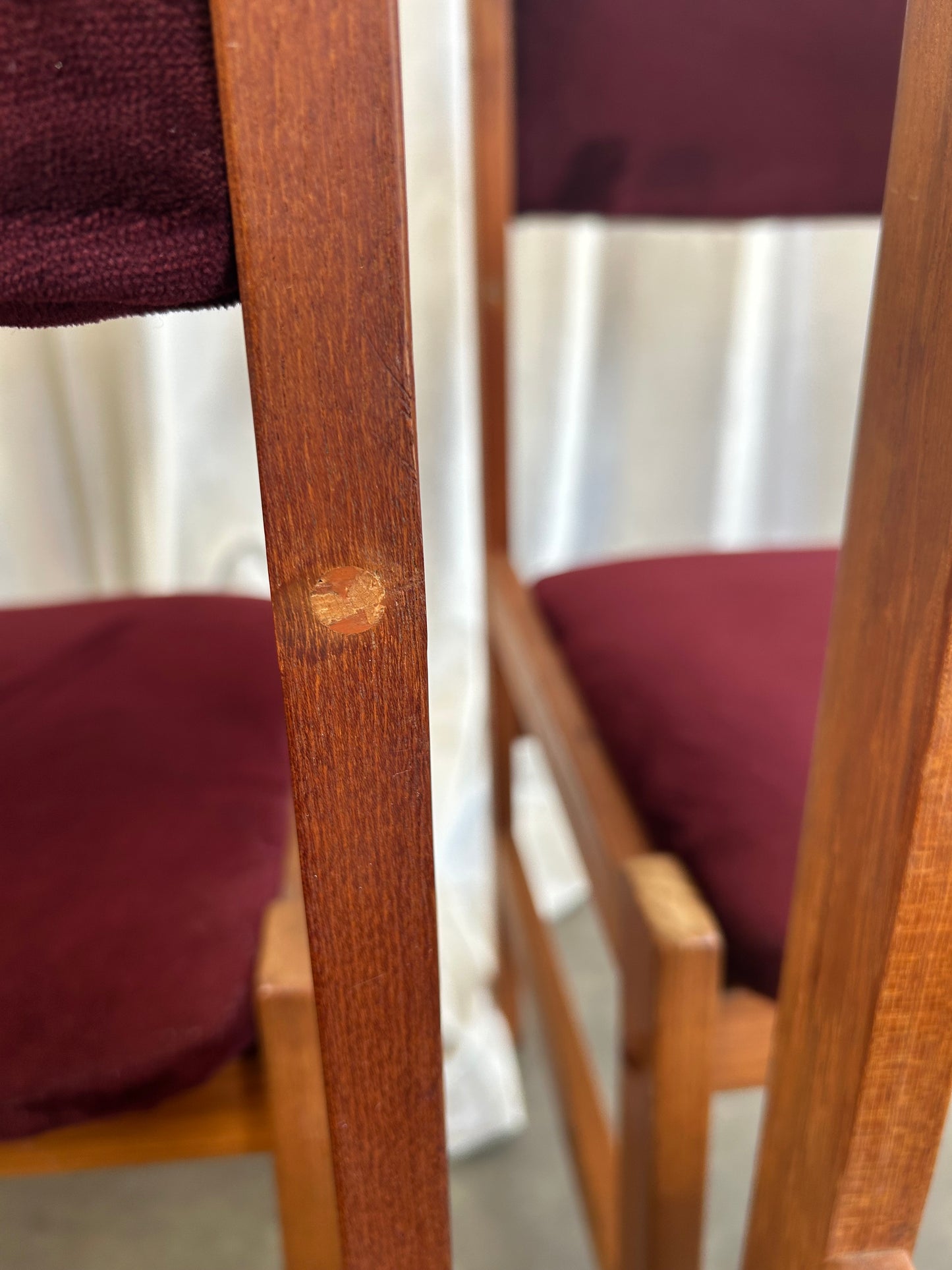 Set of 6 Oxblood Velvet Danish Style Teak Dining Chairs, By Sun Furniture