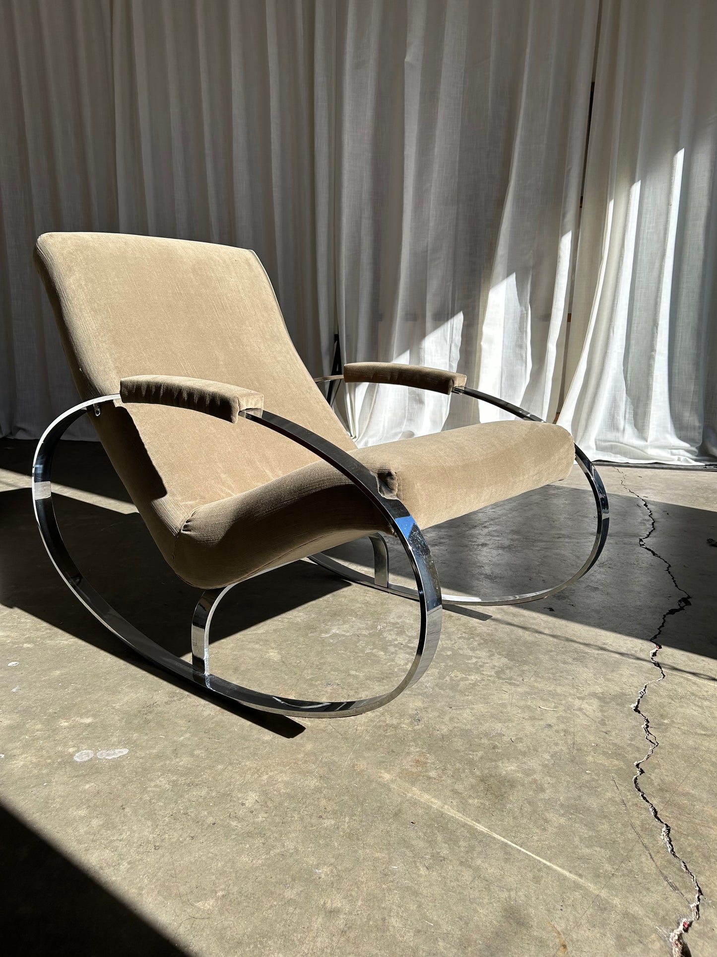 Mid Century Modern Guido Faleschini Chrome and Velvet Rocking Chair, Circa 1960s