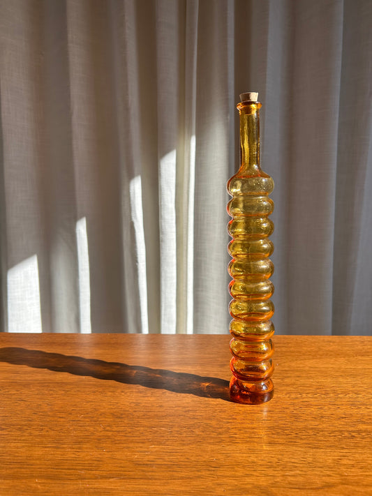Italian Amber MCM Bubble Glass Ribbed Vase Bottle