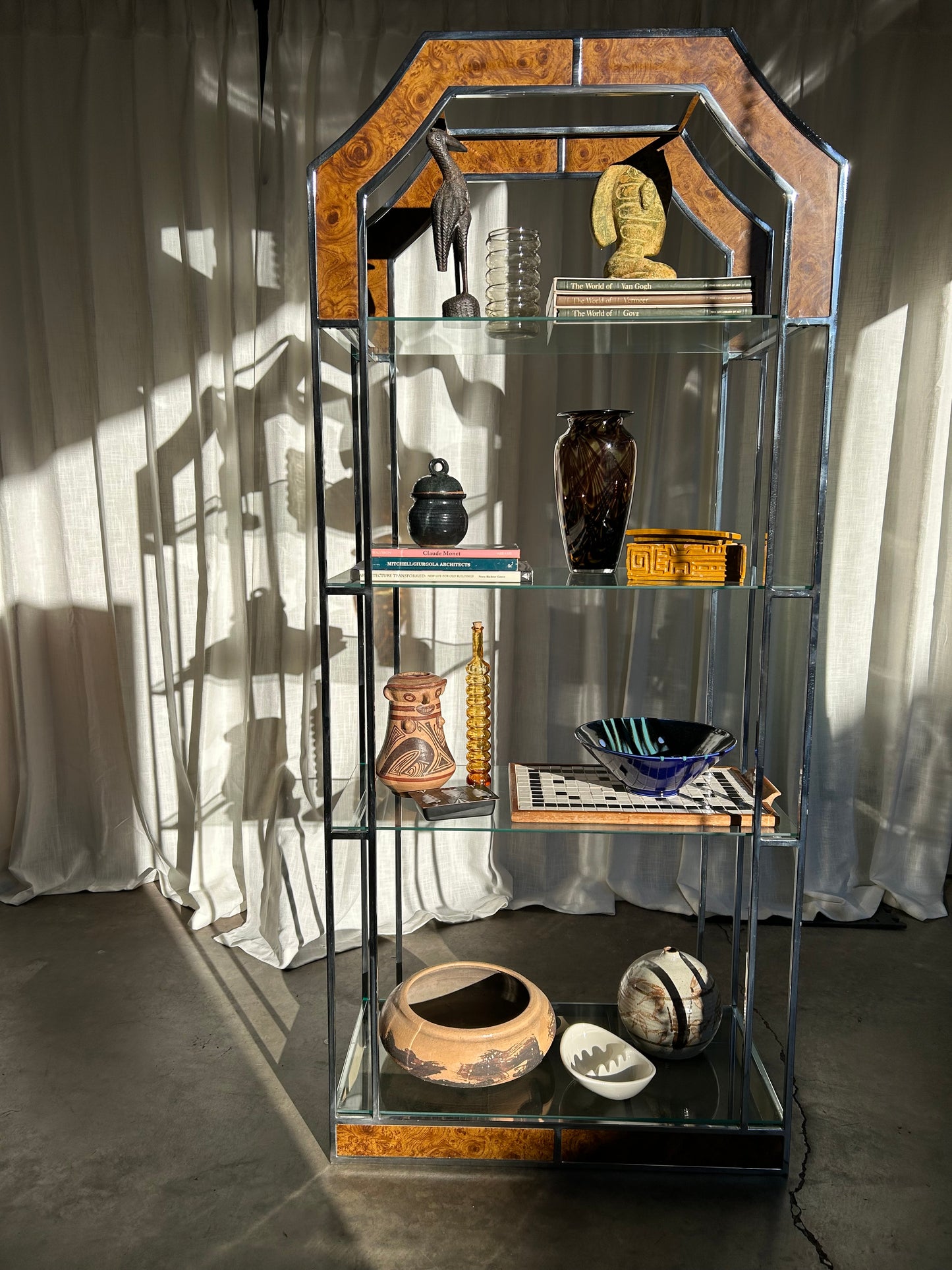 Modernist Era Baughman Style Chrome and Burl 4-Shelf Etagere, Circa 1970s