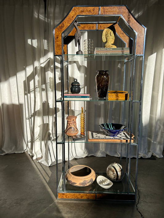Modernist Era Baughman Style Chrome and Burl 4-Shelf Etagere, Circa 1970s