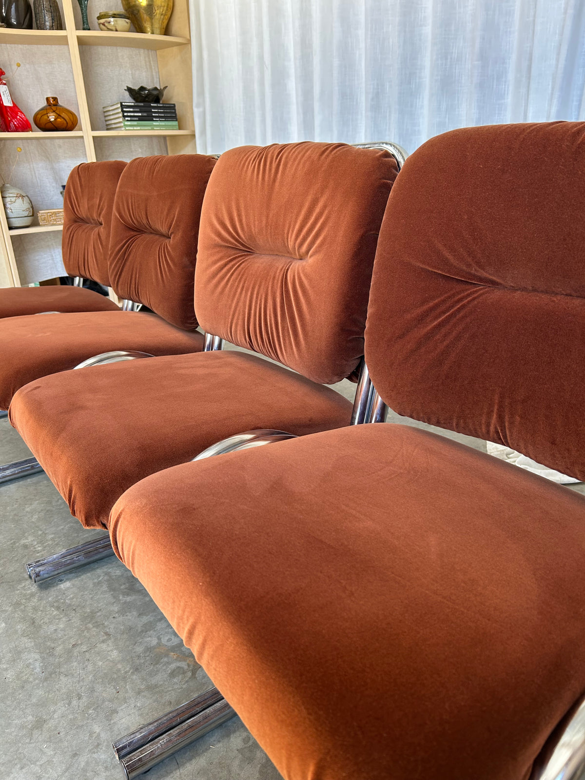 Set of 4 Tubular Chrome Cantilever Dining Chairs by Douglas Furniture, Circa 1970s