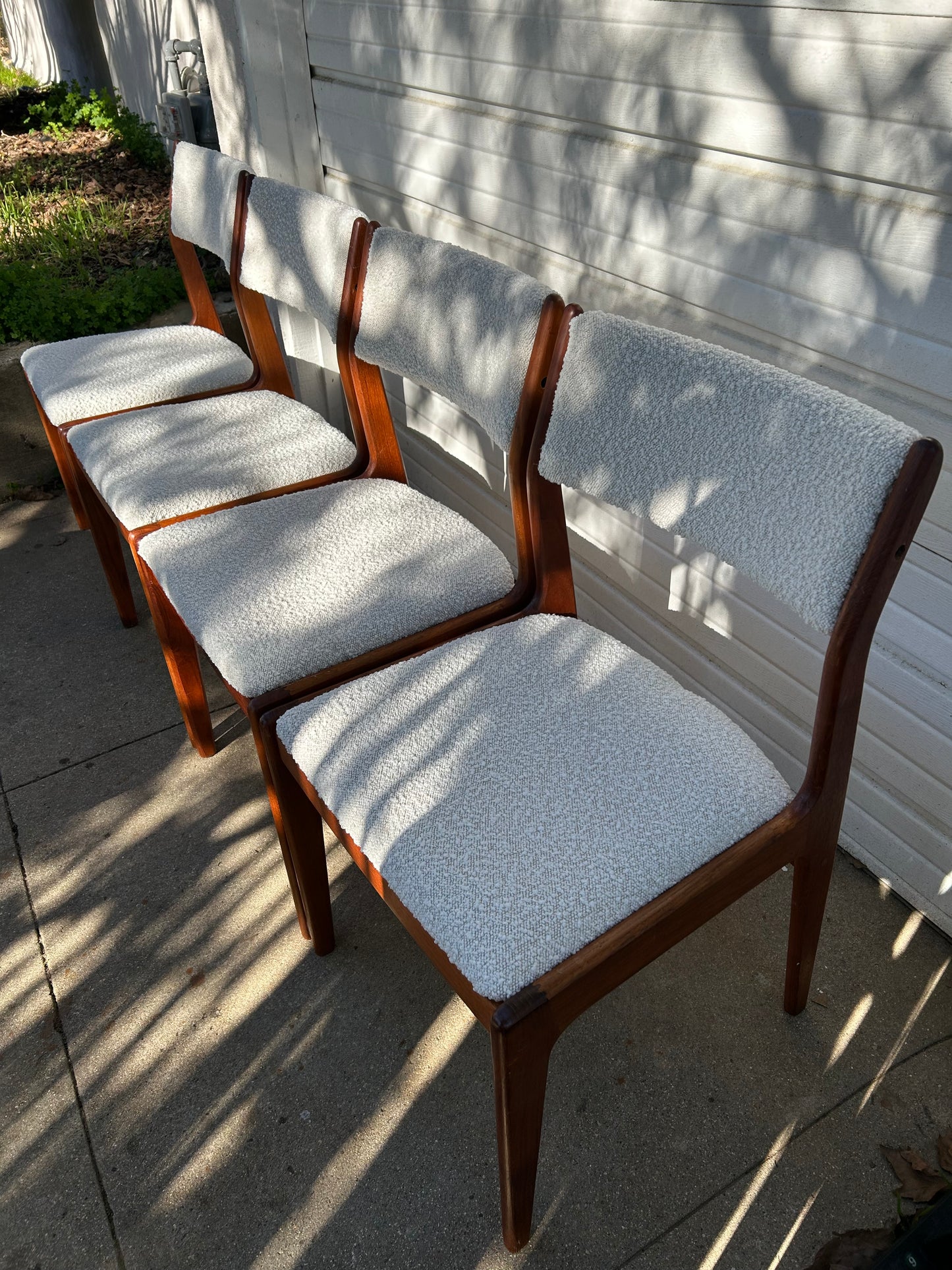 Set of 4 Mid Century Danish Teak Dining Chairs by D-SCAN, Reupholstered Boucle