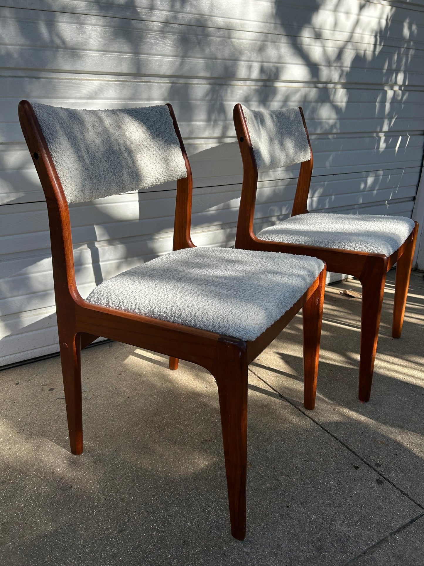 Set of 4 Mid Century Danish Teak Dining Chairs by D-SCAN, Reupholstered Boucle