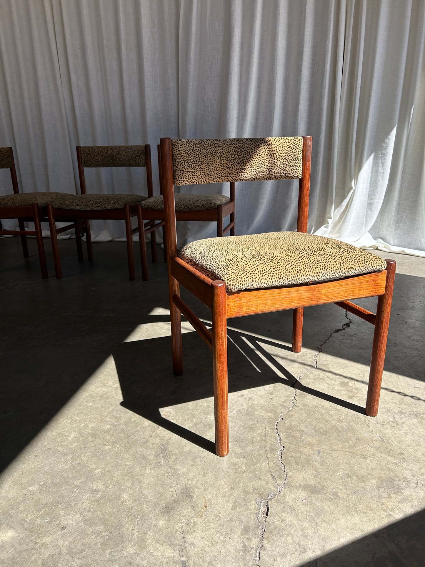 Vintage Danish Style Teak Dining Chairs with New Chenille Upholstery, Set of 4