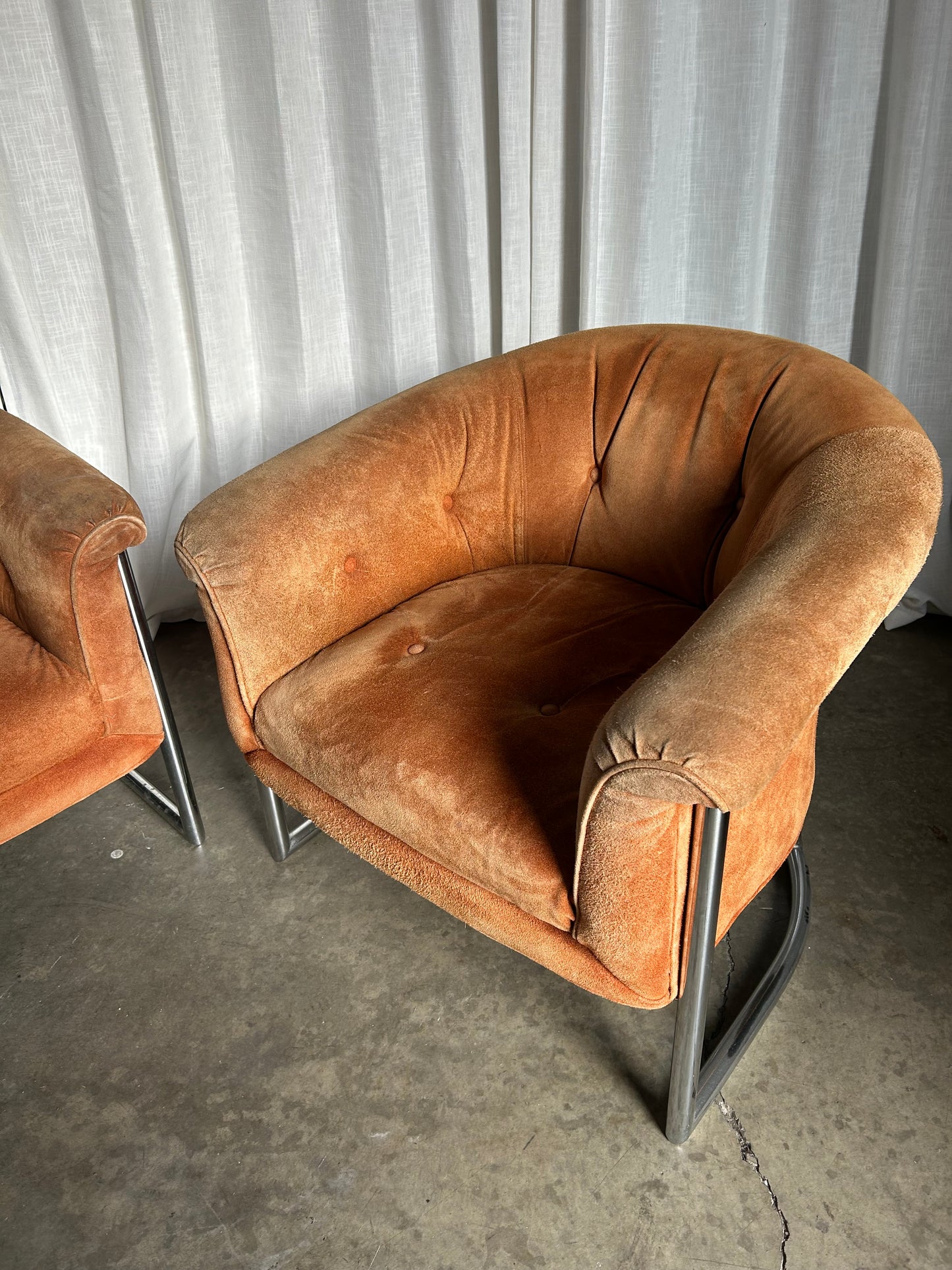 Pair of Suede and Chrome Tufted MCM Club Chairs, Circa 1970s