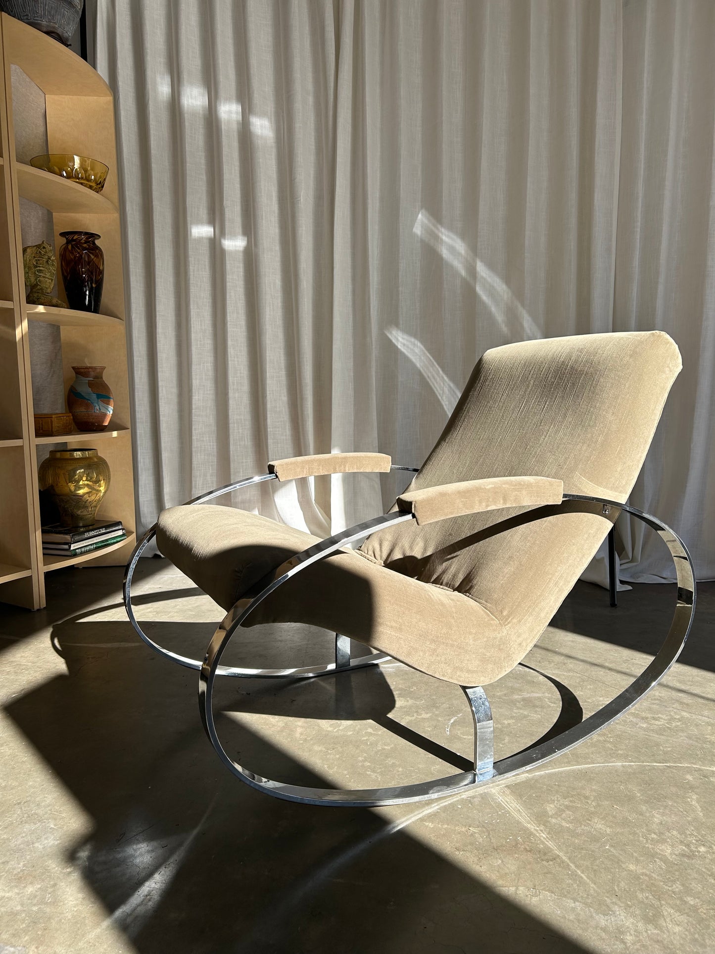 Mid Century Modern Guido Faleschini Chrome and Velvet Rocking Chair, Circa 1960s