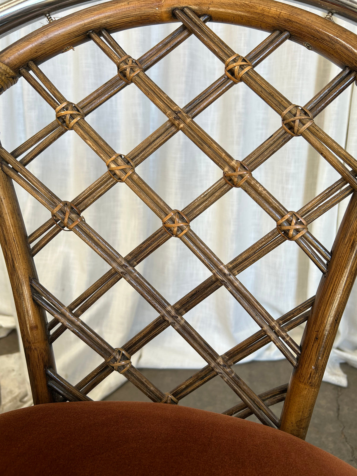 Tubular Chrome Rattan Velvet Cantilever Dining Chairs, Circa 1970s, Set of 4