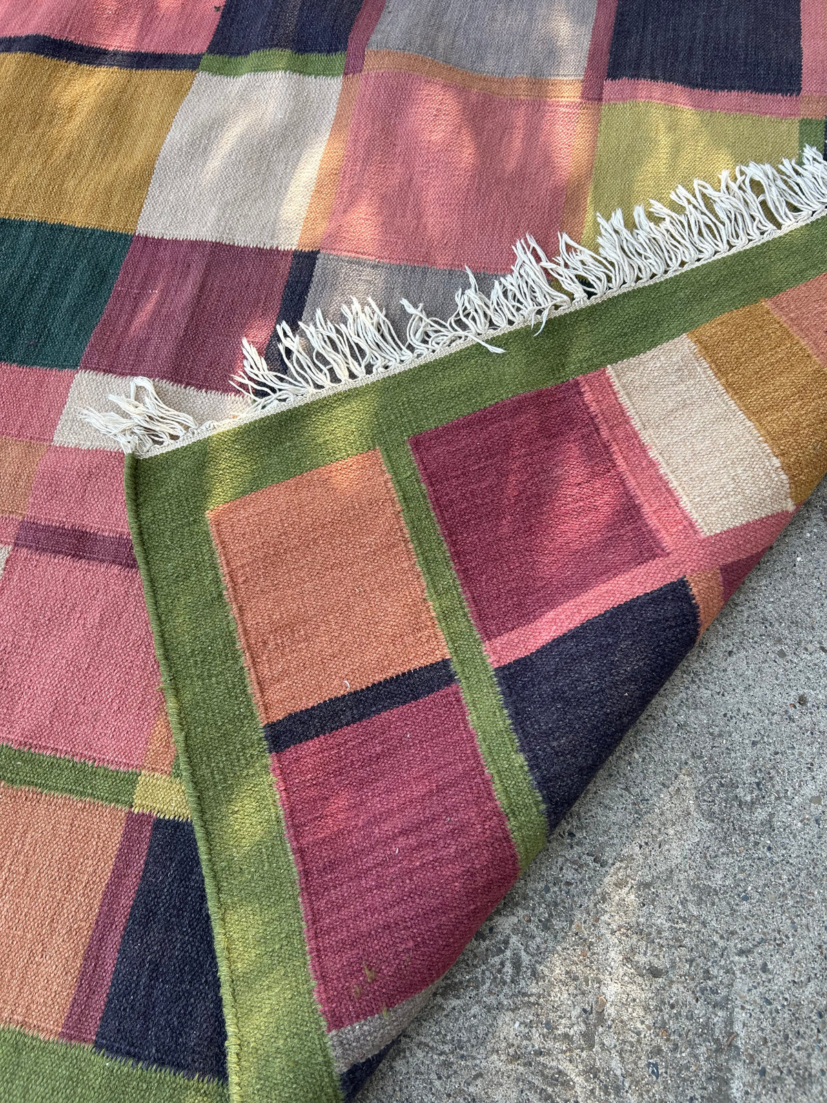 Vintage Geometric Plaid Kilim Flatweave Rug