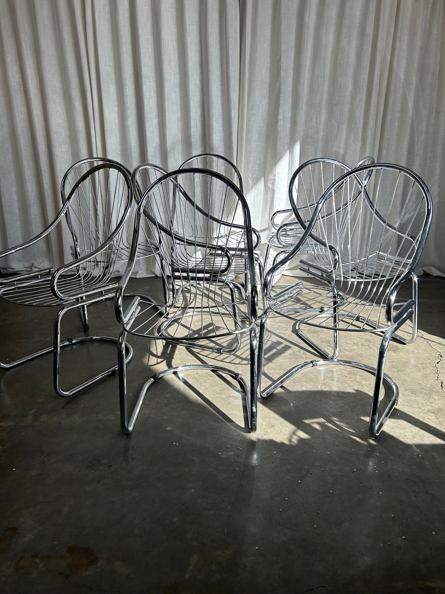 Set of 8 Chrome Cantilever Dining Chairs in the Style of Gastone Rinaldi for Roma, Circa 1970s, Italy
