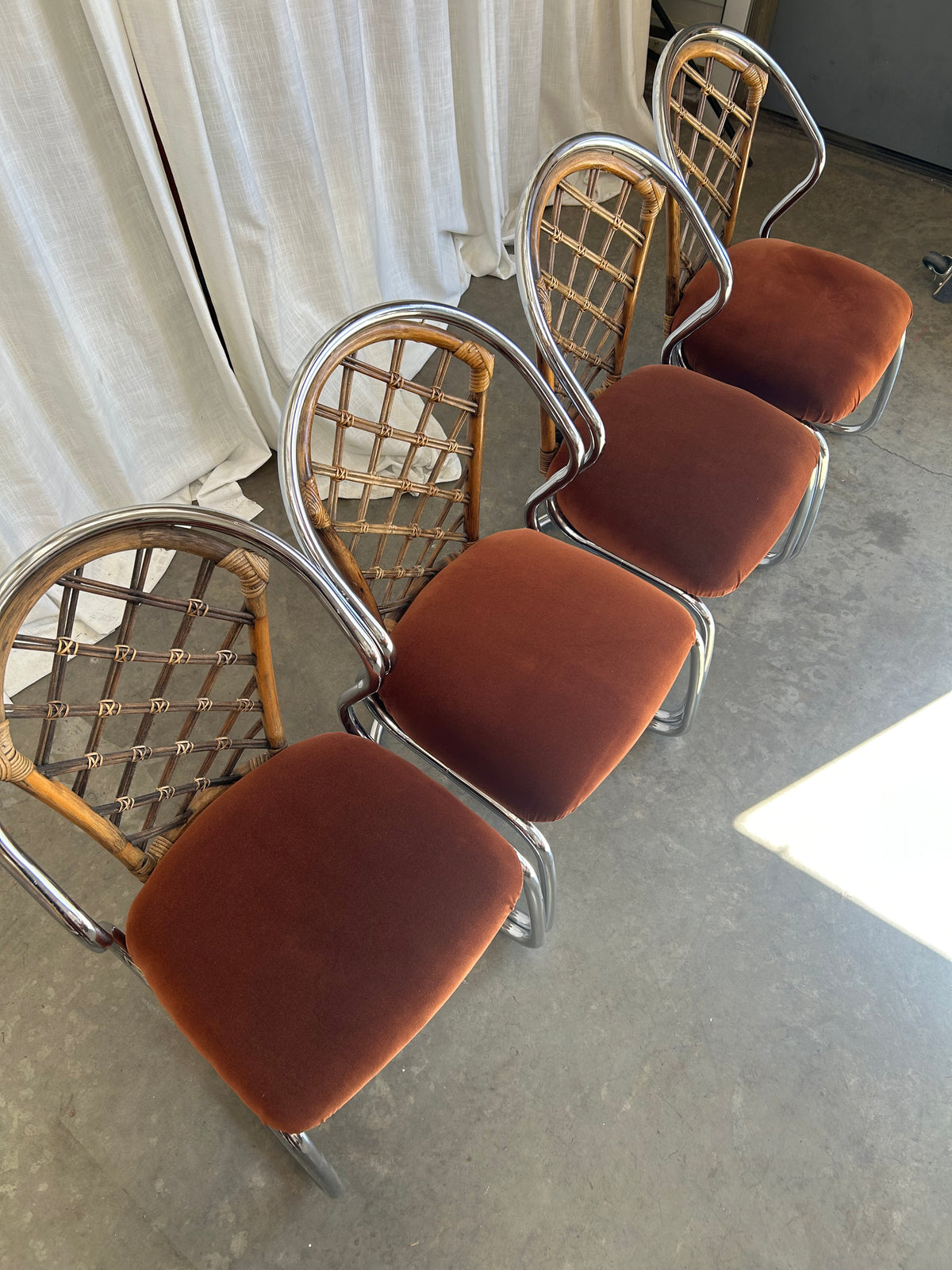 Tubular Chrome Rattan Velvet Cantilever Dining Chairs, Circa 1970s, Set of 4