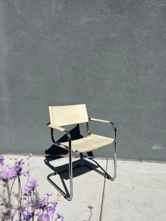 Marcel Breuer Style Beige Leather Tubular Chrome Chair, Circa 1970s