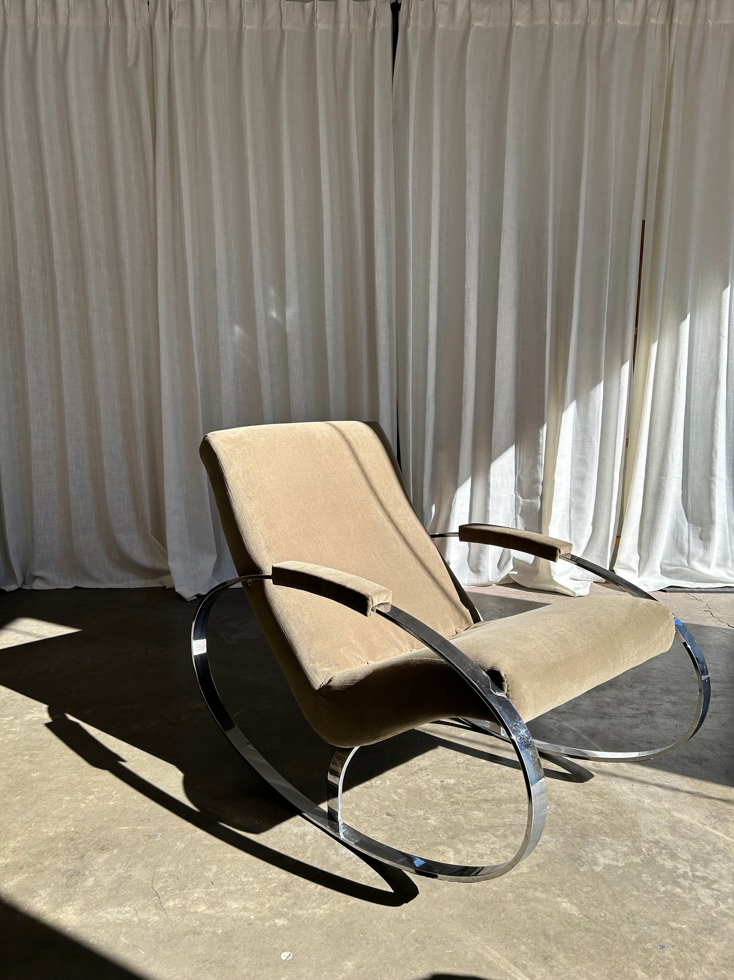 Mid Century Modern Guido Faleschini Chrome and Velvet Rocking Chair, Circa 1960s