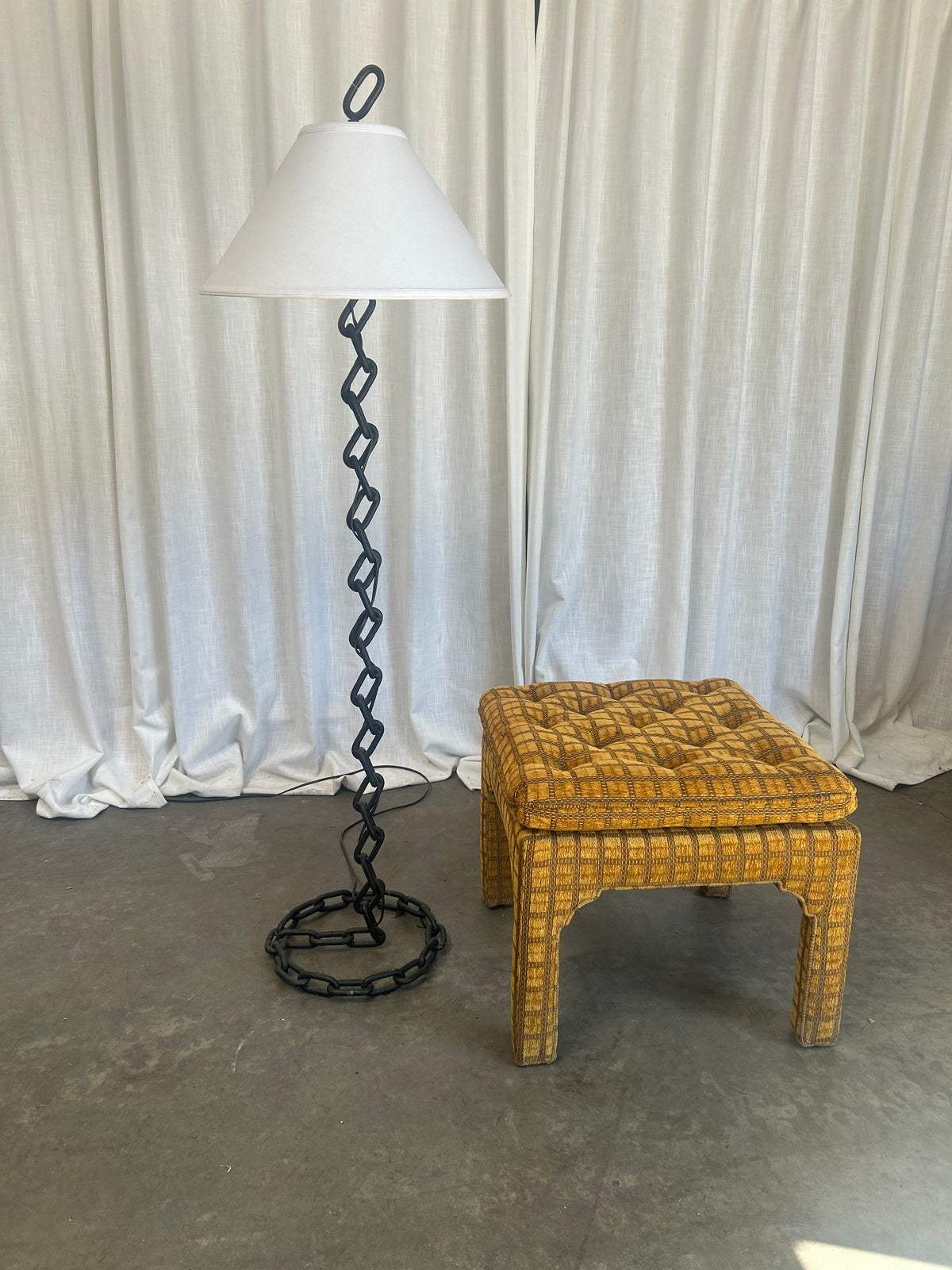 Vintage Gold Velvet Check Ottoman Vanity Stool