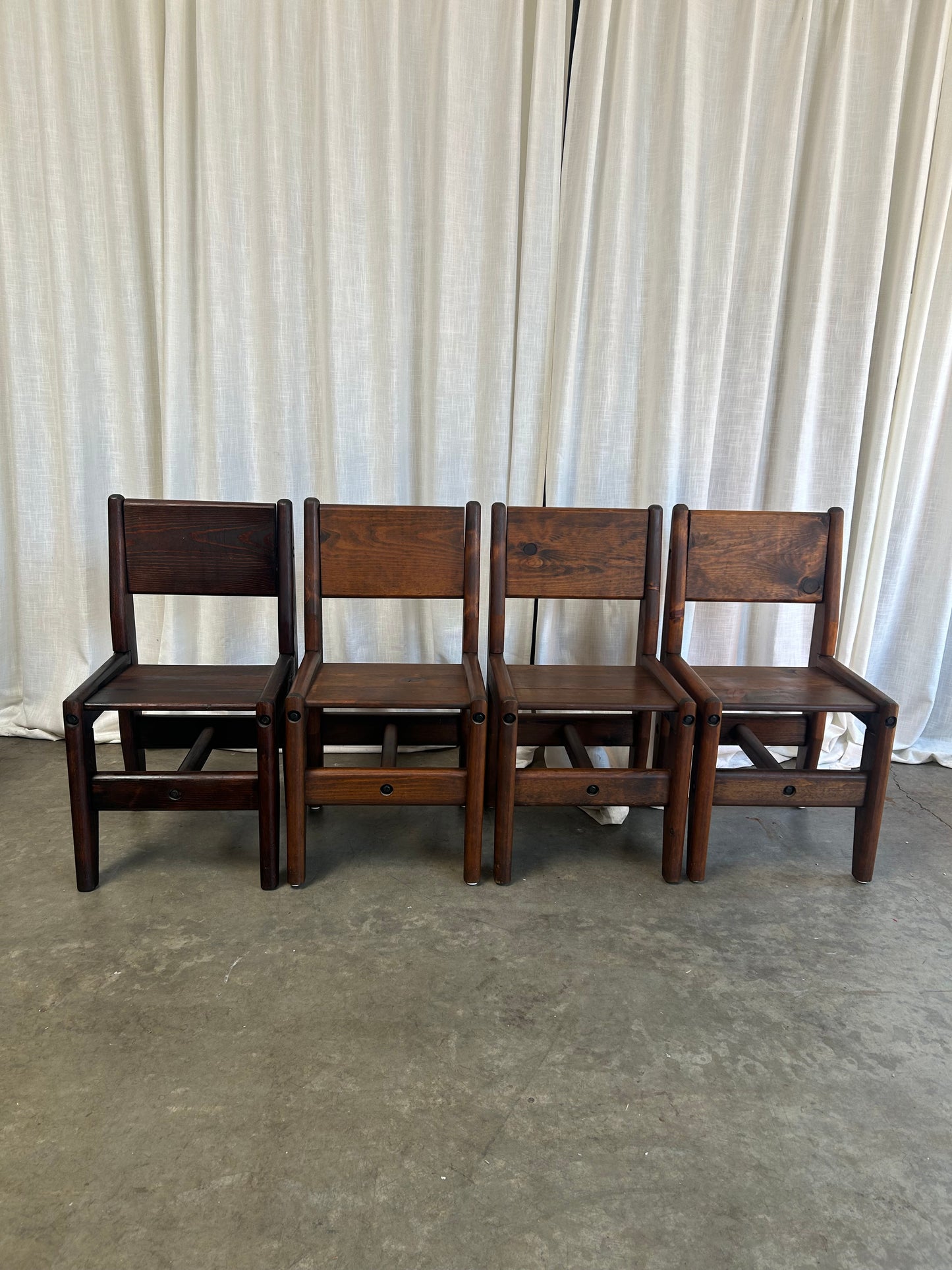 Vintage Oak and Bronze Glass Trestle Table and Chairs Dining Set, Circa 1970s