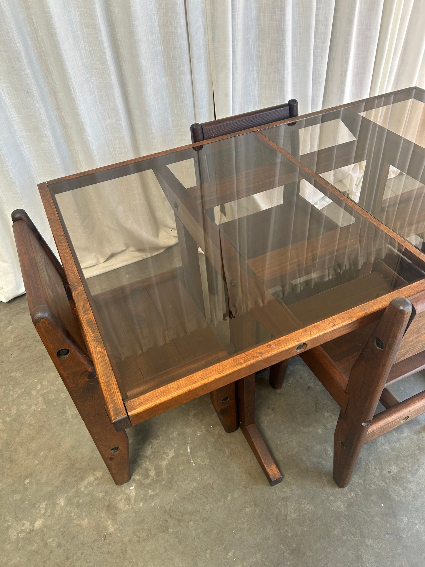 Vintage Oak and Bronze Glass Trestle Table and Chairs Dining Set, Circa 1970s
