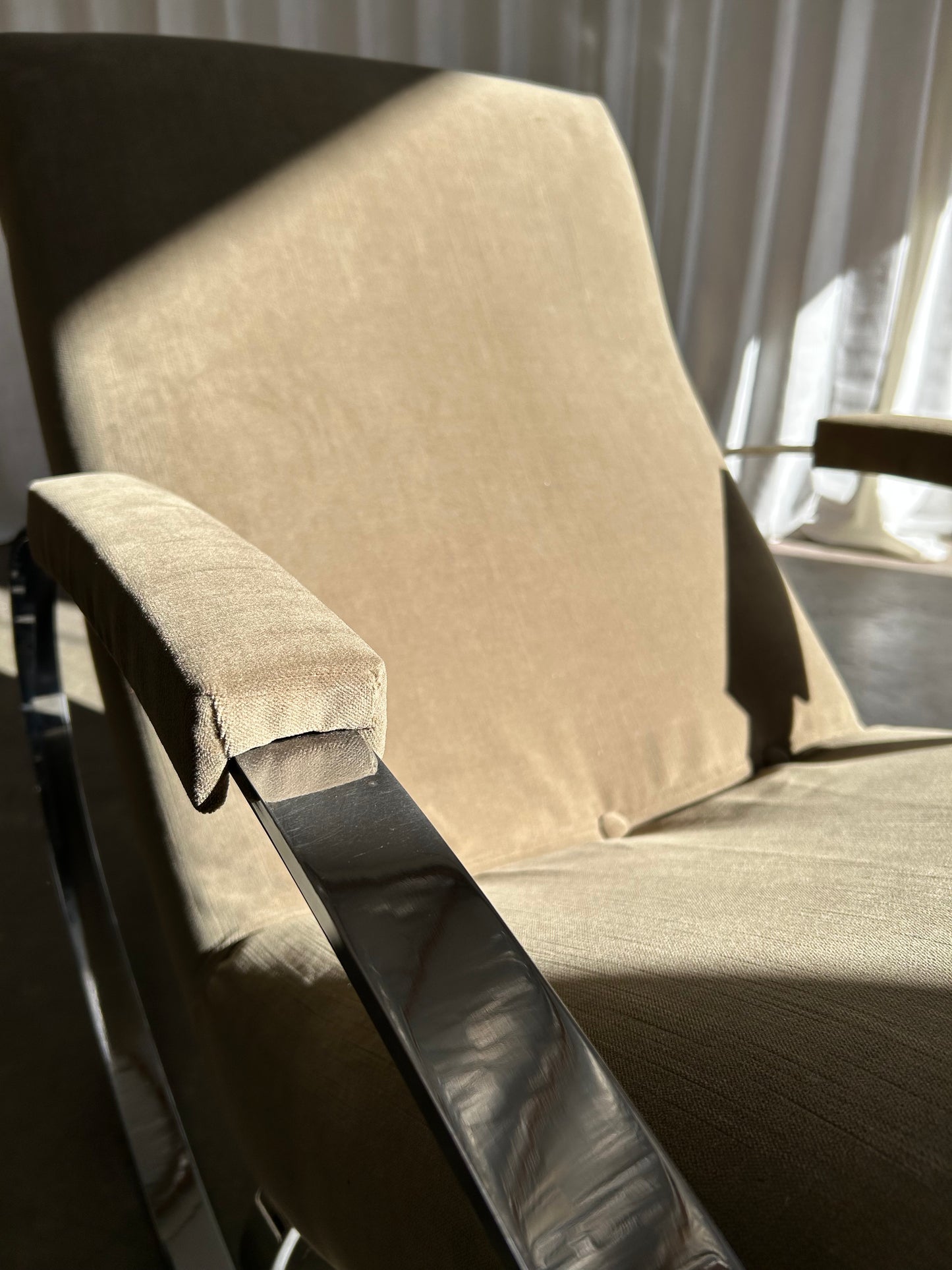 Mid Century Modern Guido Faleschini Chrome and Velvet Rocking Chair, Circa 1960s