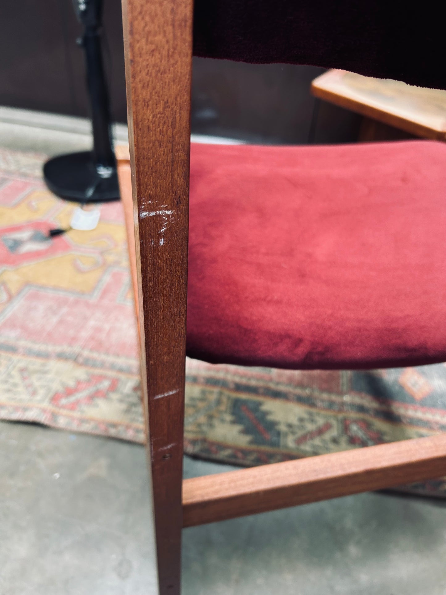 Set of 6 Oxblood Velvet Danish Style Teak Dining Chairs, By Sun Furniture