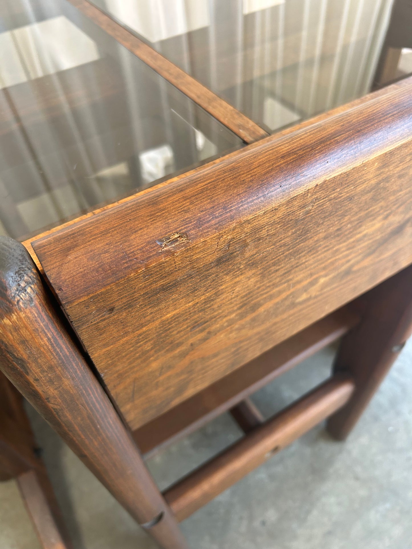 Vintage Oak and Bronze Glass Trestle Table and Chairs Dining Set, Circa 1970s