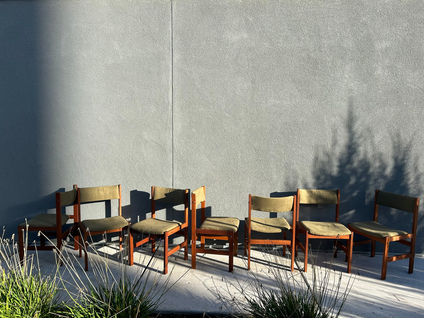 Danish Teak Green Faux Suede Dining Chairs, 7 Available