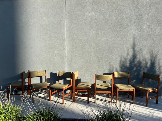 Danish Teak Green Faux Suede Dining Chairs, 7 Available