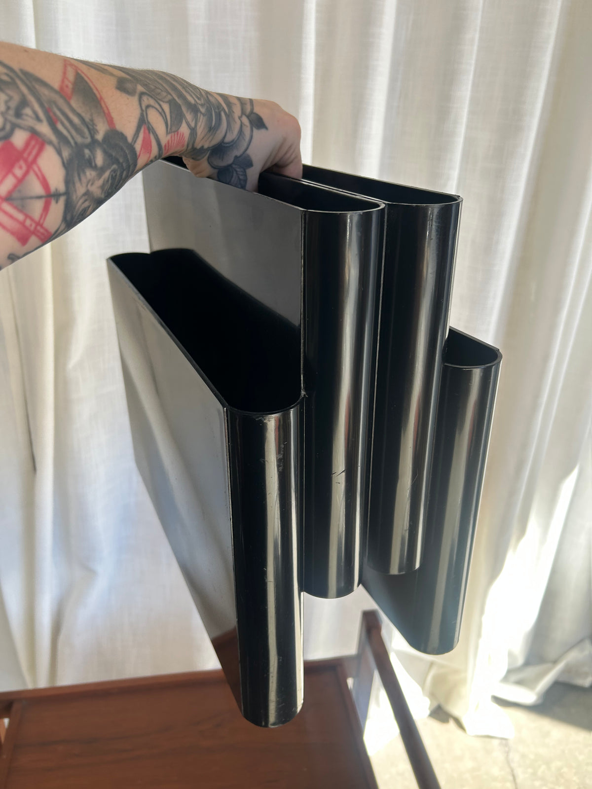 Vintage Black Kartell Magazine Rack with Handle, Circa 1970s