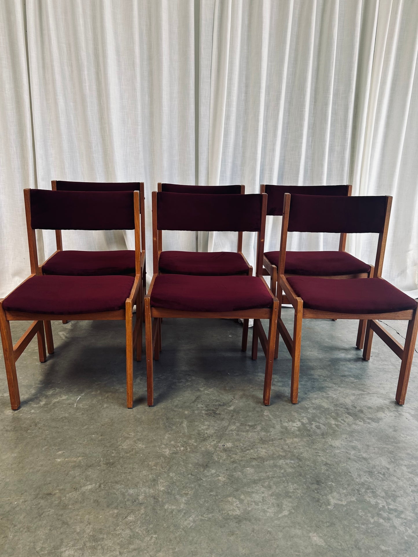 Set of 6 Oxblood Velvet Danish Style Teak Dining Chairs, By Sun Furniture