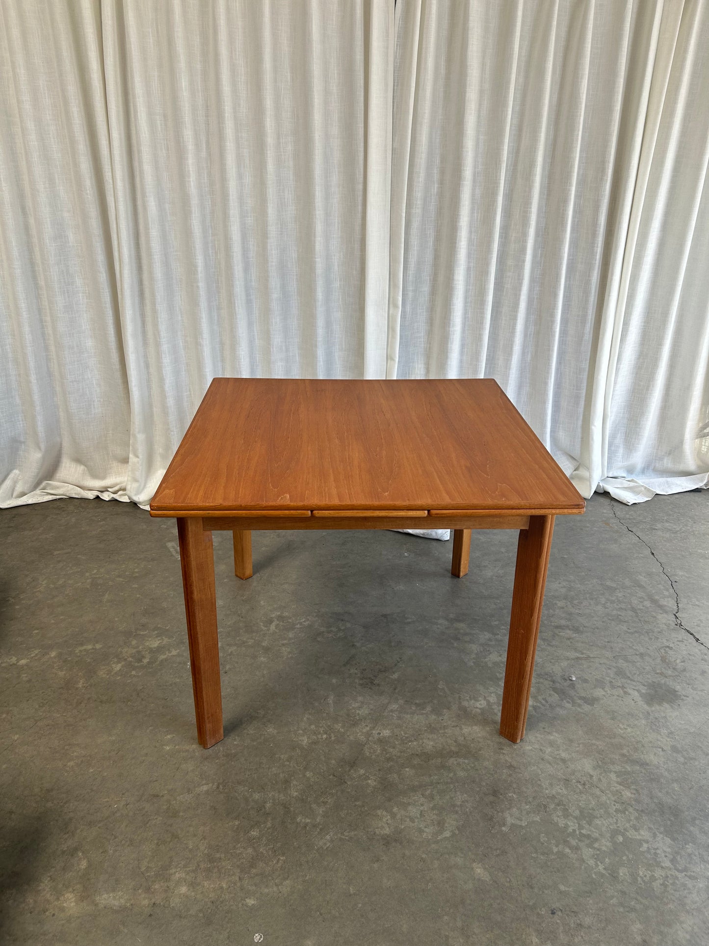 Danish Teak Expandable Square Dining Table w/ 2 draw leaves, Circa 1980s
