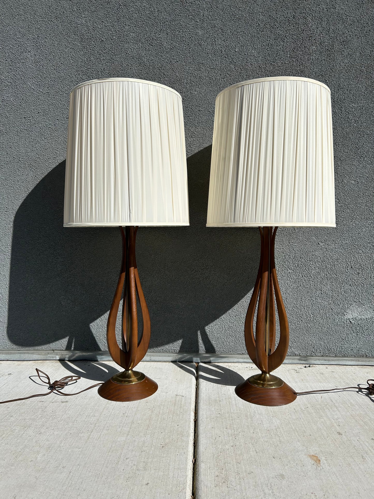 Mid-Century Modern Sculpted Walnut Table Lamps with Brass Accents - 2 Available