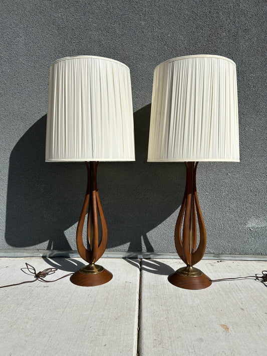 Mid-Century Modern Sculpted Walnut Table Lamps with Brass Accents - 2 Available
