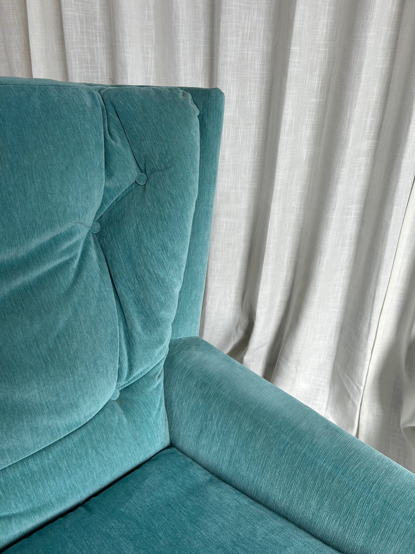 MCM Blue Velvet Wingback Lounge Chair with Ottoman in the Style of Adrian Pearsall, Circa 1960s