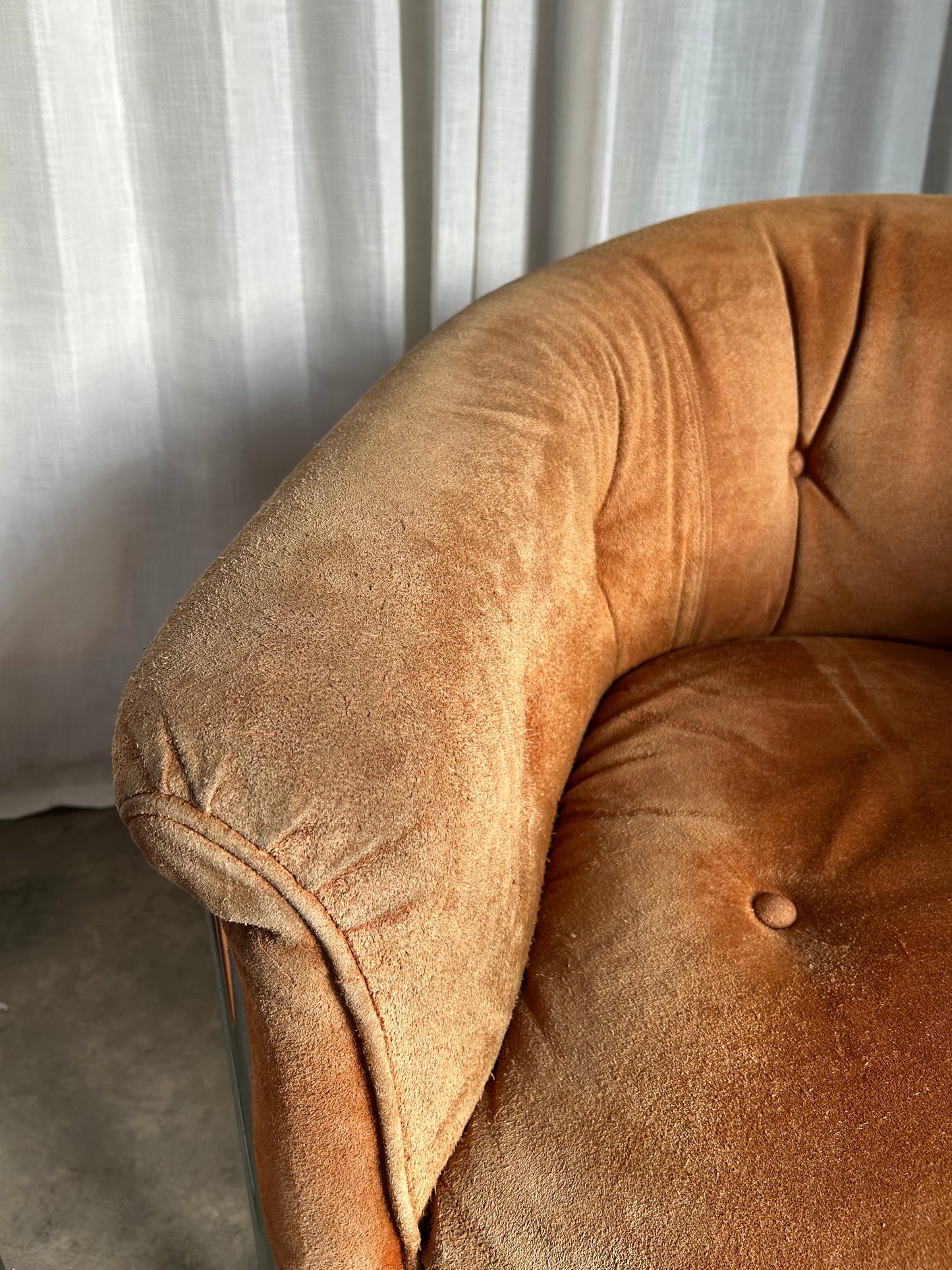 Pair of Suede and Chrome Tufted MCM Club Chairs, Circa 1970s