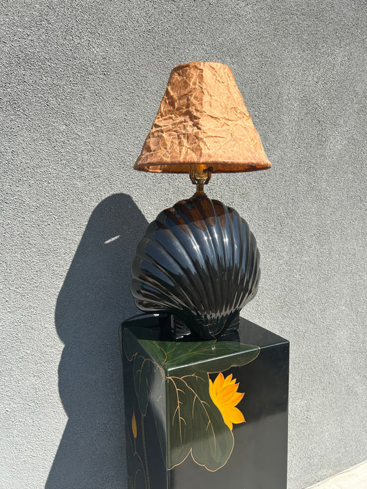 Post Modern Black Shell Table Lamp with Vintage Crinkled Parchment Shade