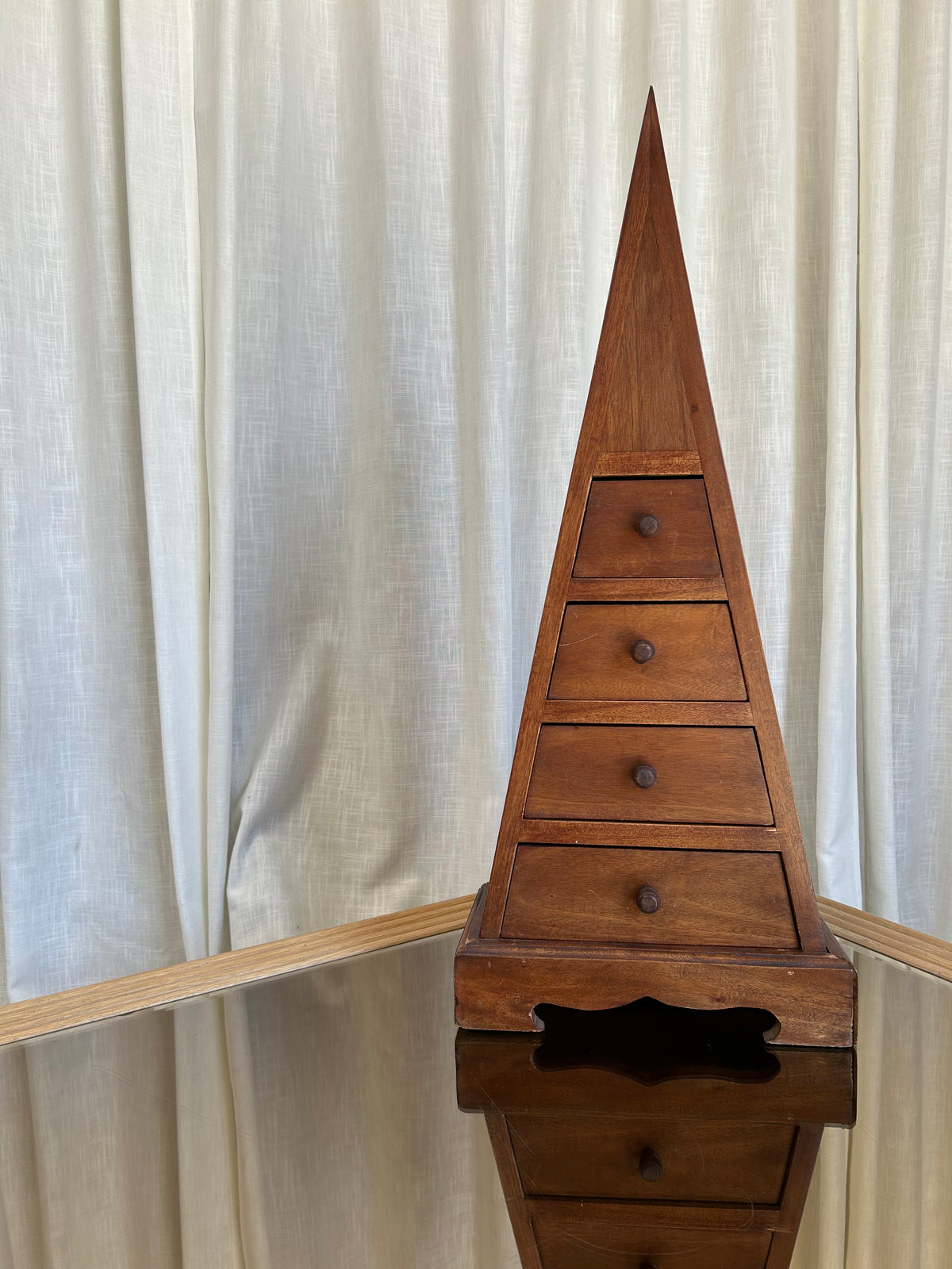 Vintage Solid Wood Pyramid Jewelry Box with 4 Drawers