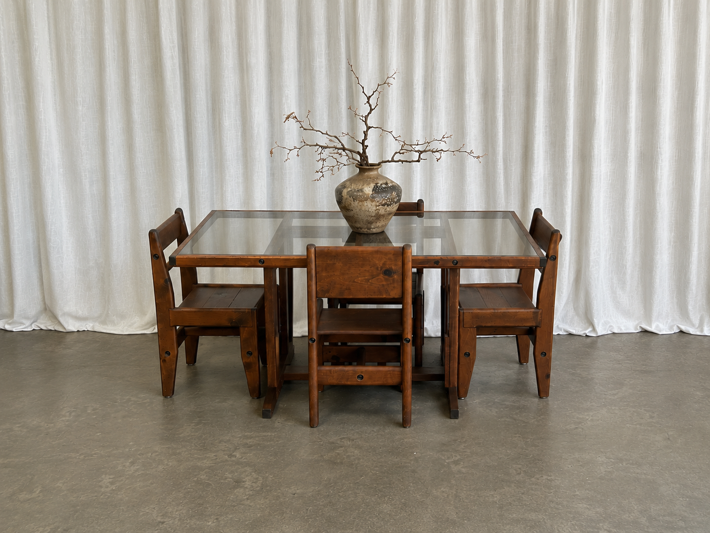 Vintage Oak and Bronze Glass Trestle Table and Chairs Dining Set, Circa 1970s