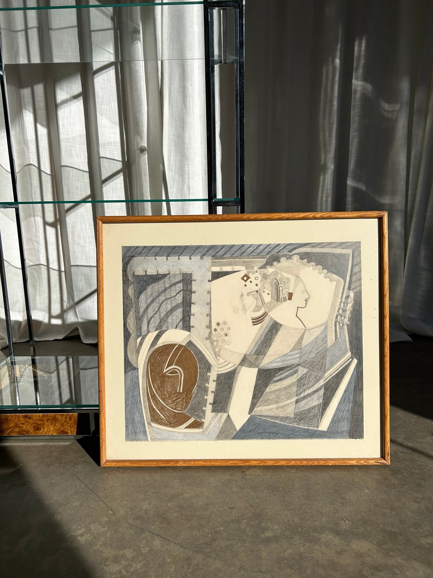 Vintage Cubist Abstract Drawing, Circa 1980s, Signed