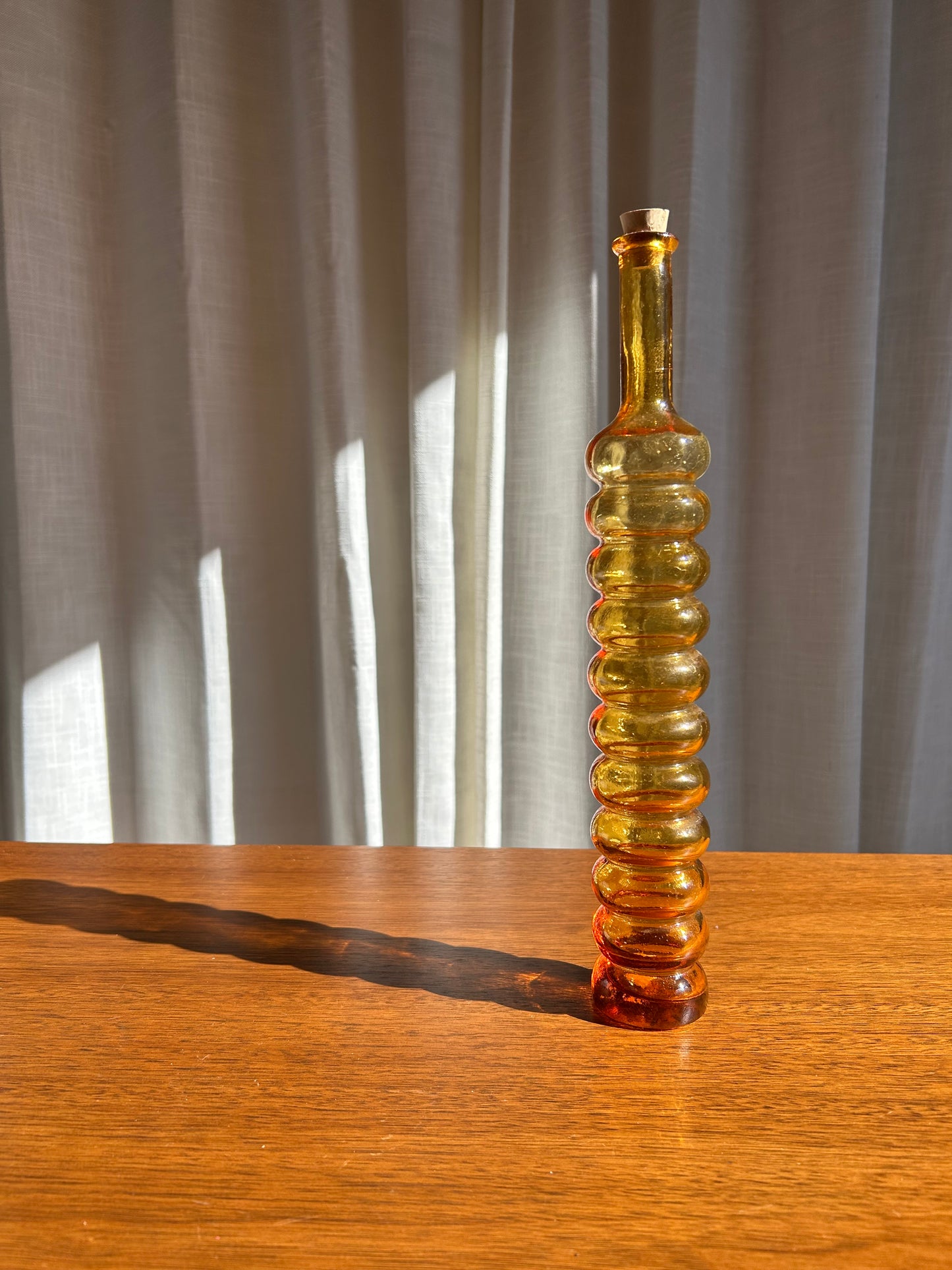 Italian Amber MCM Bubble Glass Ribbed Vase Bottle