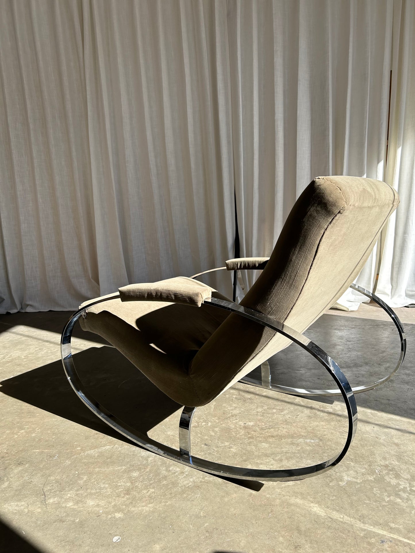 Mid Century Modern Guido Faleschini Chrome and Velvet Rocking Chair, Circa 1960s